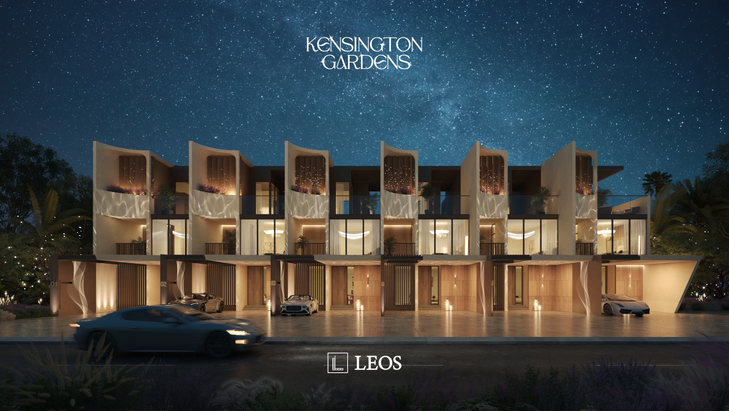 LEOS_KG_3Bed TH type A front view-Night Kensington Gardens