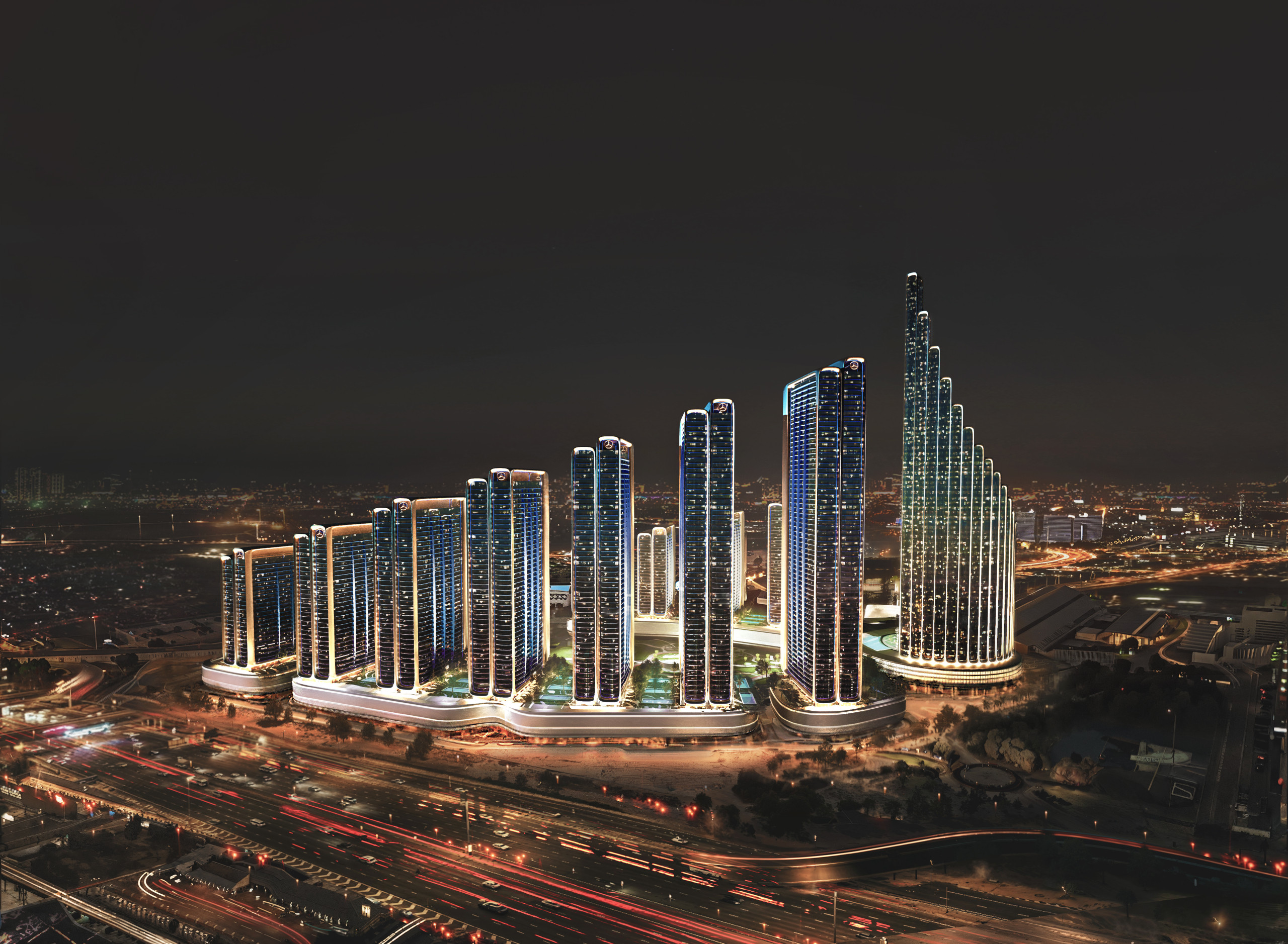 25006_aerialNight_shot -Final-Full Mercedes-Benz Places – Binghatti City