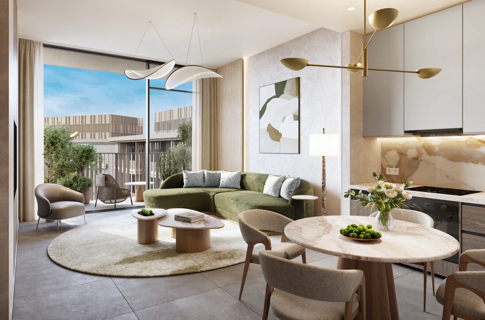 1BR – Kitchen and Living Arancia Yards